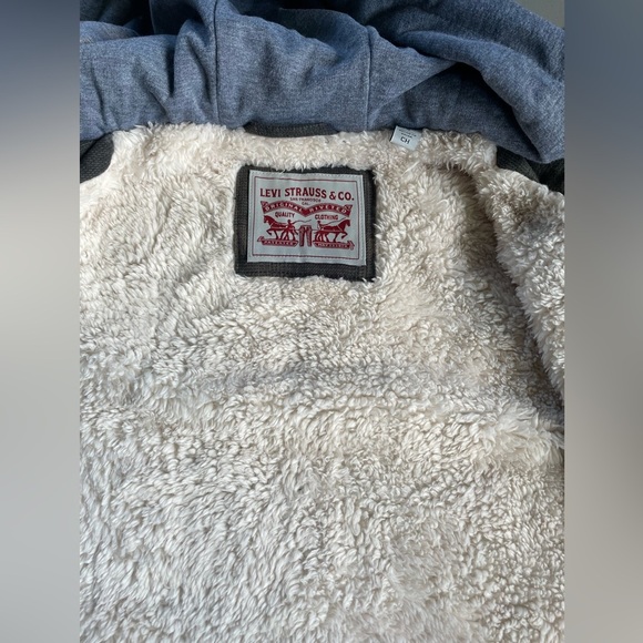 Levis Cotton Plaid Sherpa Lined Hoodie Jacket in Green Ombré, Size Small - Picture 10 of 14